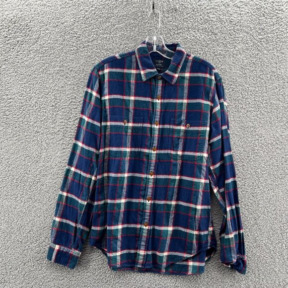 J Crew Mens Long Sleeve Button Up Plaid Flannel Shirt Medium Slim Fit Blue Green - Picture 1 of 8